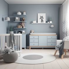 a baby's room with blue walls and furniture