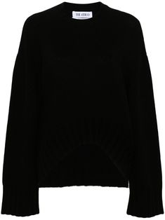 black wool-cashmere blend ribbed knit flocked logo crew neck drop shoulder long sleeves ribbed cuffs and hem curved hem Black Wool Sweater With Ribbed Cuffs, Luxury Black Ribbed Sweater, Black V-neck Sweater With Ribbed Cuffs, Farfetch Cropped Sweater, Black Long Sleeve V-neck Sweater With Ribbed Cuffs, Cashmere Blend Sweater, Ribbed Knit Sweater, Wool Blend Sweater, Black Wool