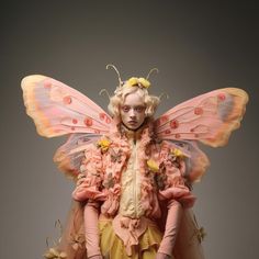 a woman dressed as a fairy with wings and flowers on her head is standing in front of a gray background