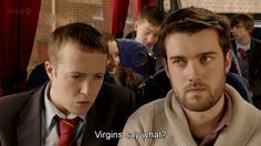 two men sitting next to each other on a bus with the caption virgins say what?