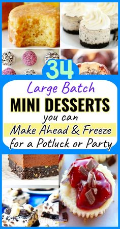 cakes and desserts with text overlay that reads 34 care batch mini desserts you can make ahead & freeze for a potluck or party