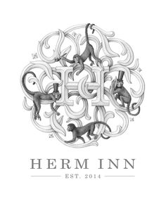 the logo for herm inn, which features monkeys and swirls in white ink