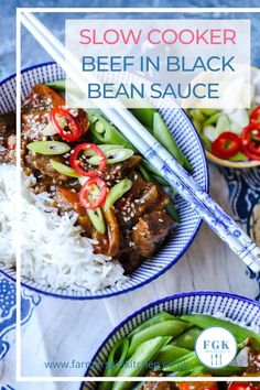 slow cooker beef in black bean sauce on top of rice with chopsticks