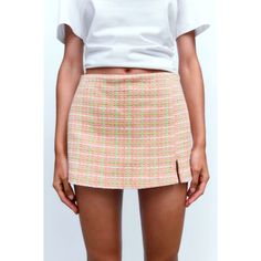 Nwt Zara Tweed Skirt Shorts Super Cute And Trendy Light Pink Skirt Shorts. Hidden Side Zipper, Nice Thick Fabric. New With Tags B15 Asymmetrical Skort, Light Pink Skirt, Zara Skort, Red Midi Skirt, Plaid Skort, Zara Tweed, White Skort, Wrap Skort, Pink Texture