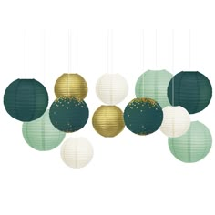 green and gold paper lanterns hanging from strings