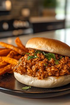 a sloppy joe sandwich and french fries on a black plate with a white counter in the background