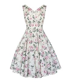 The Lily English Rose dress is simply stunning. Soft cream florals super soft cotton fabric, a dress perfect for any occasion. Fitted bodice and full circle skirt which sits just below the knee. Hidden back zip. Lined bodice. Team up with one of our petticoats for the full 50's Look! Fabric: 98% soft cotton with slight stretch Very good sizing we suggest your usual clothing size. Size 6 bust 30"-32" waist 22"-24" hips: free Size 8 bust 32"-34" (81cm-86cm) waist 24"-... Floral Bridesmaid Dress, 50 Style Dresses, Floral Bridesmaid Dresses, Rose Bridesmaid Dresses, Floral Bridesmaid, Girls Floral Dress, Wedding List, 50's Style, Vintage Dresses 50s