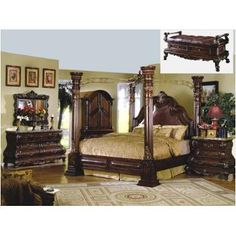 an advertisement for a furniture store featuring a bed, dresser and mirror with pictures on the wall