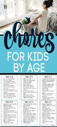 a poster with the words chores for kids by age and pictures of children in their bedroom