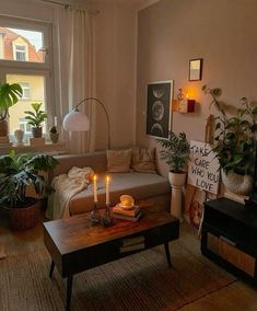 a living room filled with furniture and lots of plants on top of it's coffee table