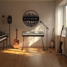 a living room with musical instruments and a wall sign that says luna music on it