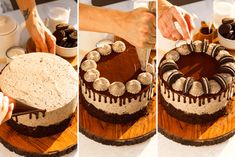 the process of decorating a cake with chocolate and white icing on a wooden platter