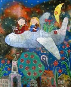 a painting of two people sitting on an airplane in the sky with buildings and flowers