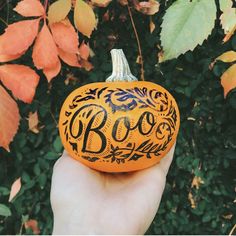 a hand holding an orange painted pumpkin with the word boo written in black on it