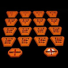 an orange set of buttons and numbers on a black background with the words shut down written below them