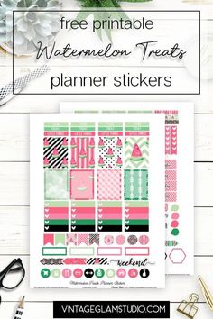 the free printable watermelon treats planner stickers is shown with text overlay