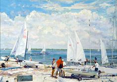 a painting of people on the beach with sailboats