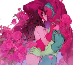 two women are hugging in front of pink flowers and petals, one is wearing a hat