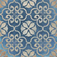 a blue and beige rug with an intricate design