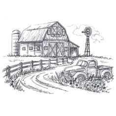 an old truck parked in front of a barn with a windmill on the other side