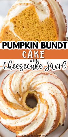 Pumpkin cheesecake swirl bundt cake with Pinterest overlay. Cheesecake Pound Cake, Cake With Cheesecake Filling, Winter Holiday Desserts, Pumpkin Bundt, Cheesecake Filling