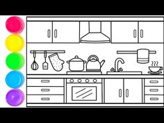 a black and white drawing of a kitchen with colored balls in the foreground,