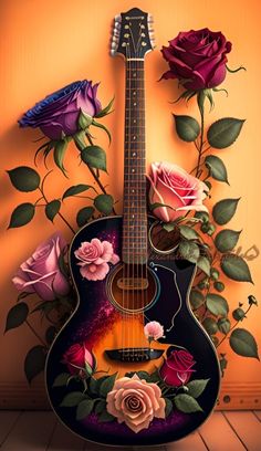 a painting of a guitar with roses on it