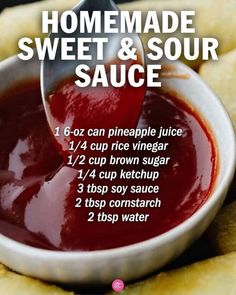 homemade sweet and sour sauce in a white bowl with text overlay that reads homemade sweet and sour sauce