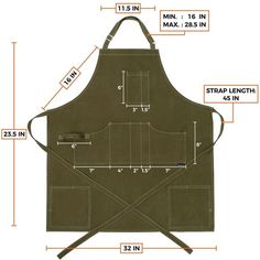 an apron is shown with measurements for the front and back pockets, which are also attached to