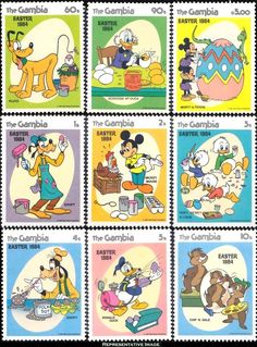 stamps with cartoon characters on them in different colors and sizes, including the mickey mouse