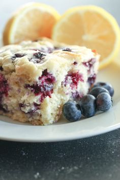 lemon blueberry breakfast bread on a white plate