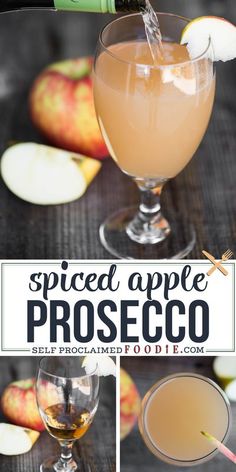 an apple cider being poured into a glass with the words spiced apple prosego written on it