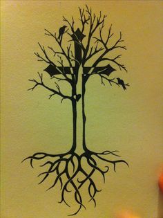 a drawing of a tree with two birds on it and the roots in front of it