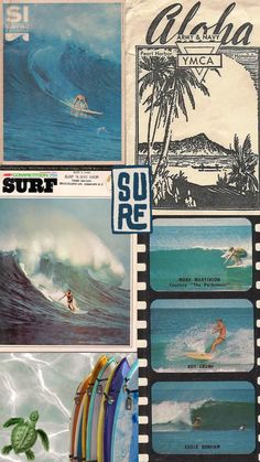 various surfboards are stacked on top of each other in front of a wall with pictures