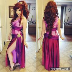 a woman with long red hair wearing a purple dress