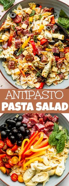 two plates filled with pasta and vegetables on top of each other next to the words antipasto pasta salad