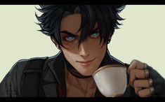 an anime character holding a coffee cup and pointing at the camera with his right hand