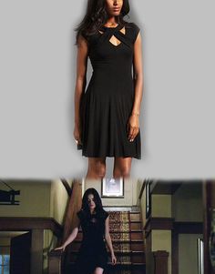 two pictures of the same woman in different outfits, one is wearing a black dress