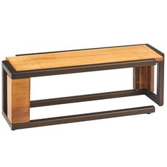 a wooden table with two metal legs and a wood shelf on the top that is holding a piece of furniture