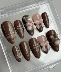 Teddy Bear Brown Nails, Bear Nails Teddy, Brown Coquette Nails, Cute Nails Brown, Brown Bear Nails, Brown Pink Nails, Bear Nails Designs, Cute Brown Nails, Rilakkuma Nails