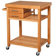 PRICES MAY VARY. Multiple Storage Options: This kitchen island features 2 convenient drawers, a small shelf for handy kitchen accessories, a large shelf for food products and utensils, and a side rack for towels and aprons. Finely Crafted: Crafted from varnished bamboo, the butcher block kitchen cart ensures long lasting use and easy cleaning. The countertop is designed with a liquid collecting groove, collecting all moisture from running off the food preparation surface. Easy Mobility: 4 smooth Butcher Block Kitchen Cart, Kitchen Utility Cart, Kitchen Island Trolley, Rolling Kitchen Cart, Kitchen Island On Wheels, Bamboo Kitchen, Slatted Shelves, Butcher Block Kitchen, Island Cart