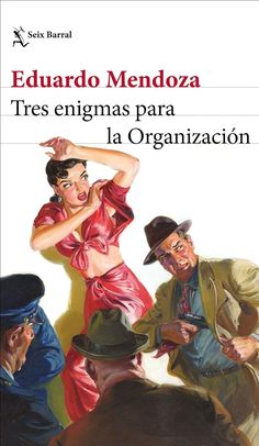 a book cover with an image of a woman in a red dress and two men