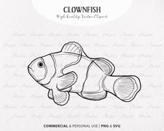 a clown fish is shown in black and white, with the words clownfish below it