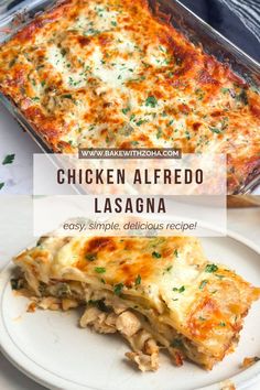 chicken alfredo lasagna on a white plate with the title overlay above it