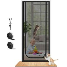 the cat is looking at the baby through the screen door