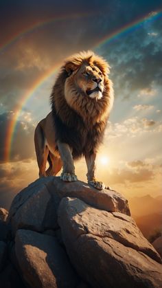 a lion standing on top of a rock with a rainbow in the background