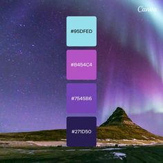 the sky is filled with purple and green colors, as well as an aurora display