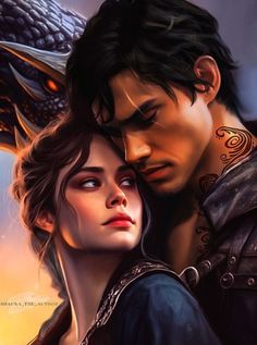 an image of a man and woman in front of a dragon with their eyes closed