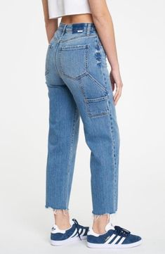 A high waist and straight legs cut a chic silhouette in these cropped, raw-hem jeans cut from low-stretch denim. 26 1/2" inseam; 16 1/2" leg opening; 11 1/2" front rise Zip fly with button closure Front scoop pockets, coin pocket; back patch pockets; cargo patch pocket 65% cotton, 34% organic cotton, 1% elastane Machine wash, dry flat Imported Easy Like Sunday Morning, Dad Jeans, Tough Love, Stretchy Jeans, Vintage Fits, Fabric Details, Sunglasses Sale, Sunday Morning, Cropped Jeans