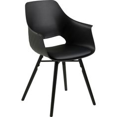 a black chair with wooden legs and an armrest that has a hole in the back